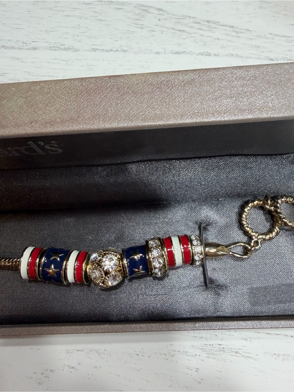 Patriotic Red, White & Blue Beaded Bracelet with Gold Accents